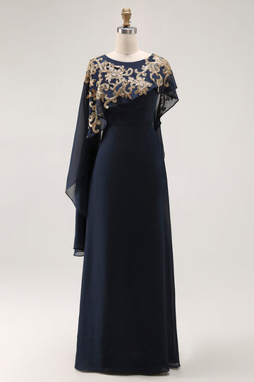 Navy Sheath Appliqued Mother Of The Bride Dress With Shawl